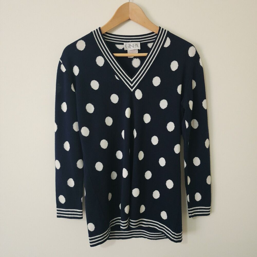 Gispa Italy Womens Wool-Blend V-Neck Sweater Navy Blue White Polka Dot Size 6/8